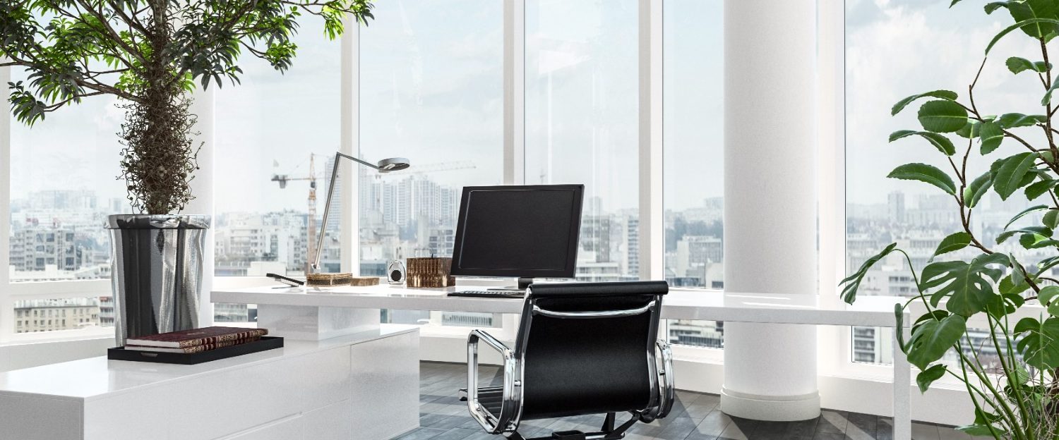 This is a picture of an office with a view out of the window